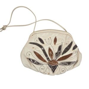 Vintage 80s Cream Leather Embroidered Beaded Purse Patchwork